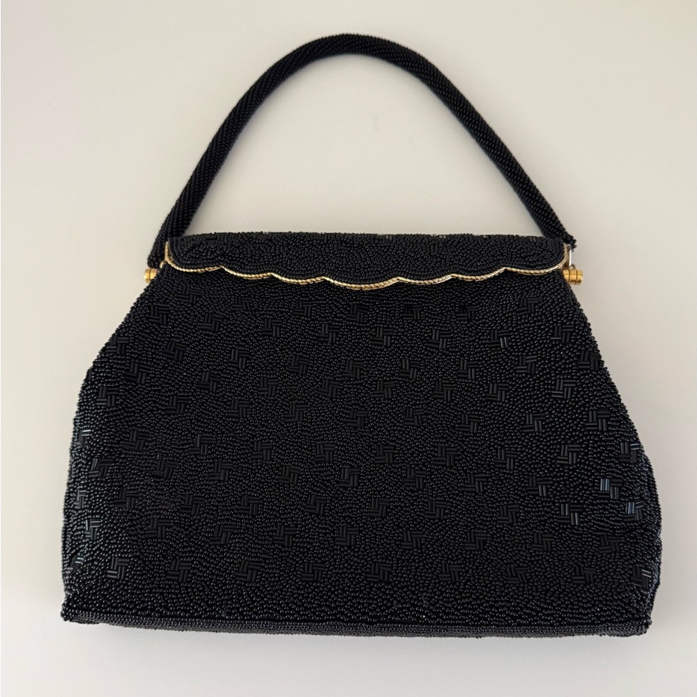 Elegant Vintage 1940’s Black Beaded Top-Handle Women's Bag